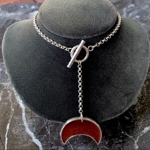 Red resin & glitter moon steel lariat necklace